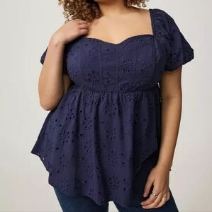 Torrid Navy Babydoll Eyelet Challis Puff Sleeve Blouse Size 1X